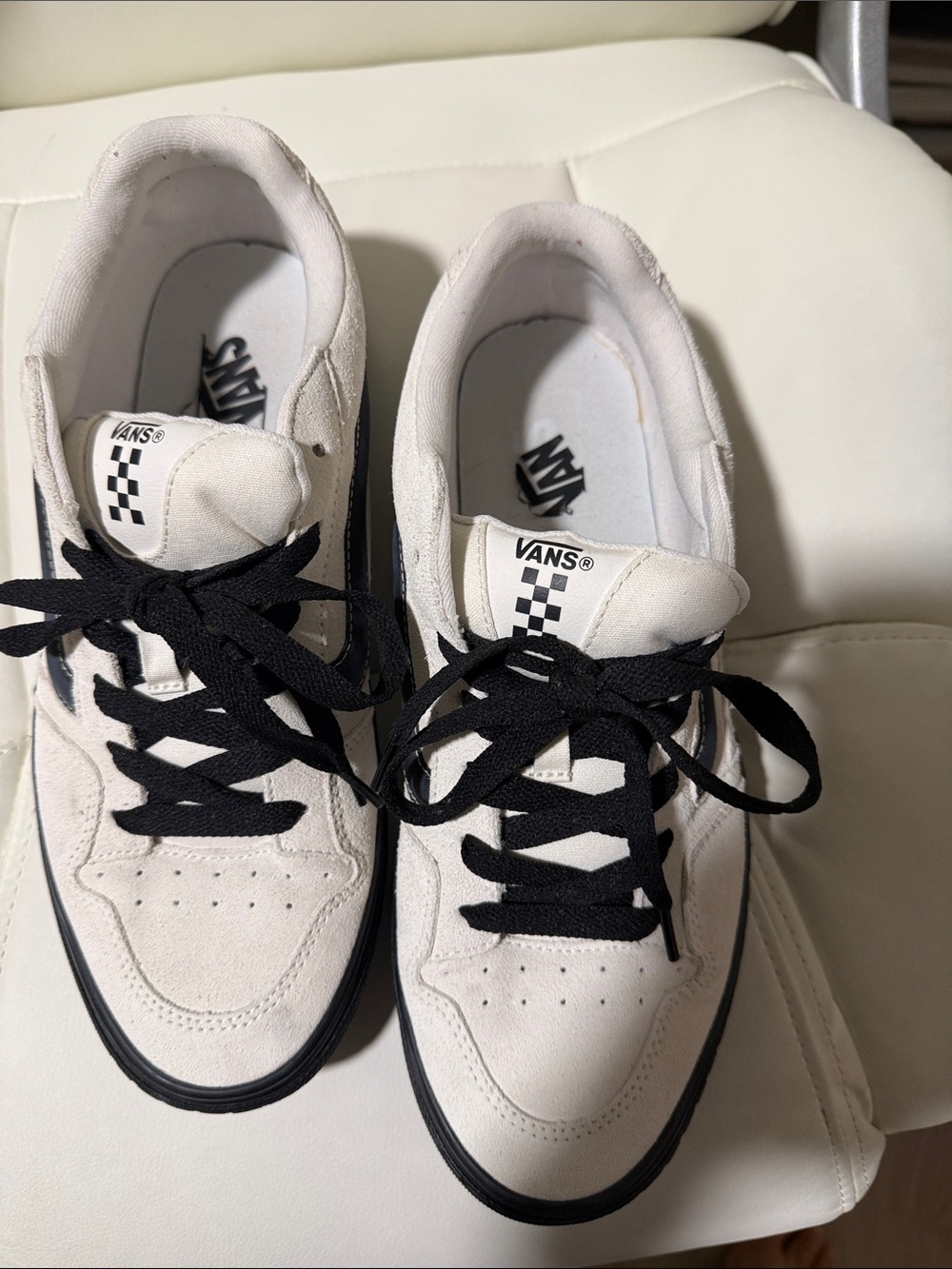 Vans White and Black Low-Top Sneakers with Checker Tongue